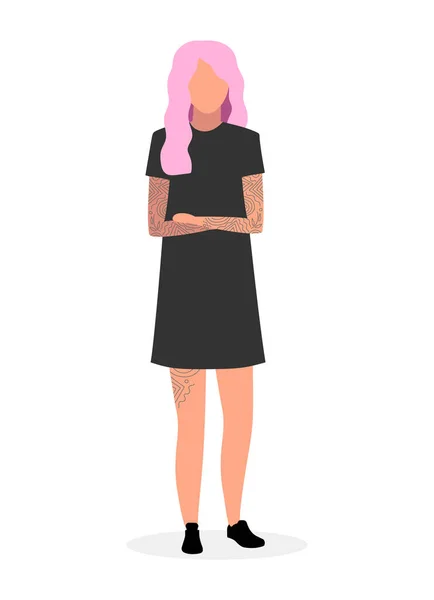 Emo girl flat vector illustration. Young woman with pink hair and tattooed cartoon character. Hipster lady wearing black dress with crossed hands isolated on white background. Stylish female teenager — 스톡 벡터