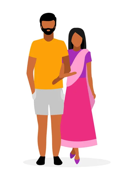 Família indiana ilustração plana. Casal asiático personagens de desenhos animados. Esposa em dhoti indiano tradicional e marido em roupas casuais isoladas em fundo branco. Mulher indiana tradicional vestindo sari — Vetor de Stock