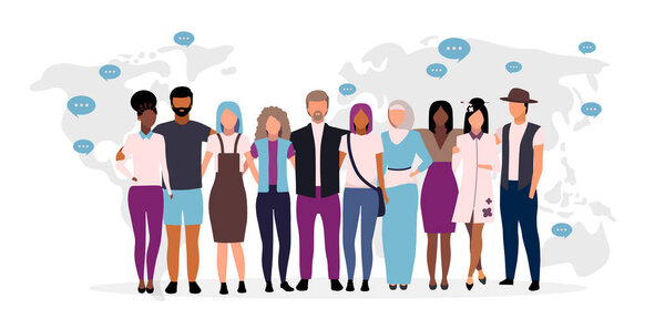Global collaboration flat vector illustration. International communication. Multiracial people hugging on world map background. Society, community. Multicultural women and men cartoon characters