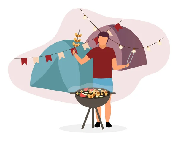 サマーキャンプバーベキューフラットベクトルイラスト。ハイカー、 Bbqグリルでキャンパーフライパンソーセージ。新鮮な空気でピクニックのために焼き野菜を調理する夫、父。田舎で軽食を作る観光客 — ストックベクタ