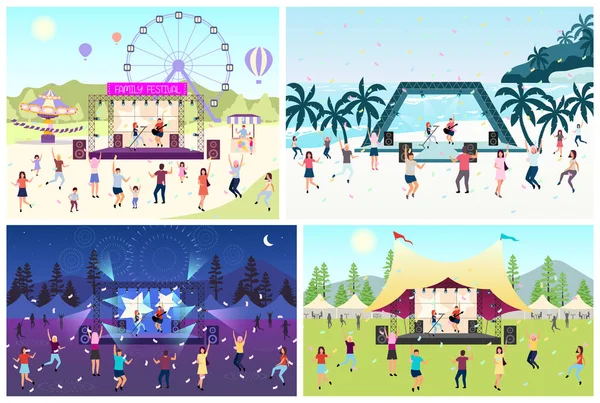 Müzik festivali düz vektör çizimi seti. Canlı yayın performansı. Rock, pop müzisyeni konseri parkta, kampta. İnsanlar yazın dışarıda eğleniyor. Plaj partisi. Dans eden çizgi film karakterleri