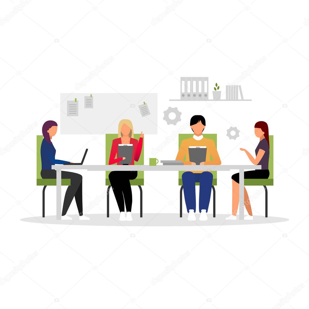 Office workers meeting flat vector illustration. Business conference, seminar, corporate training. Managers team working isolated cartoon characters. Employees, executives, board of directors