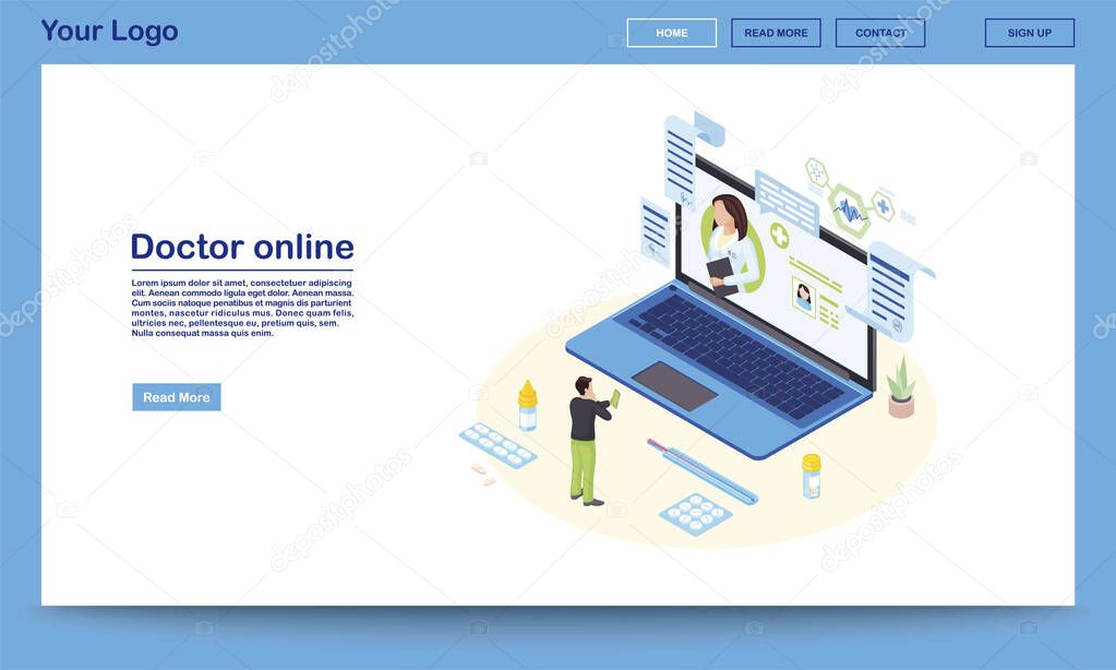 Doctor online service isometric landing page template. 3d physician consulting patient, prescribing medicine. Ehealth system promo website with text space. Client contacting remote medical specialist