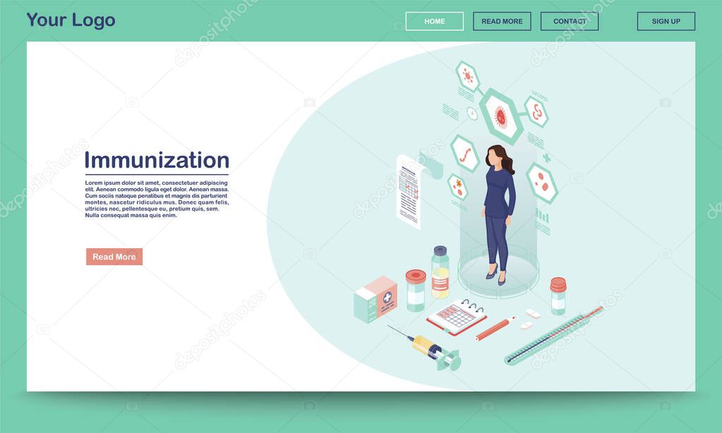 Immunization webpage vector template with isometric illustration. Patient vaccination. Vaccination service. Young woman in blue suit. Website interface design. Webpage, mobile app 3d concept