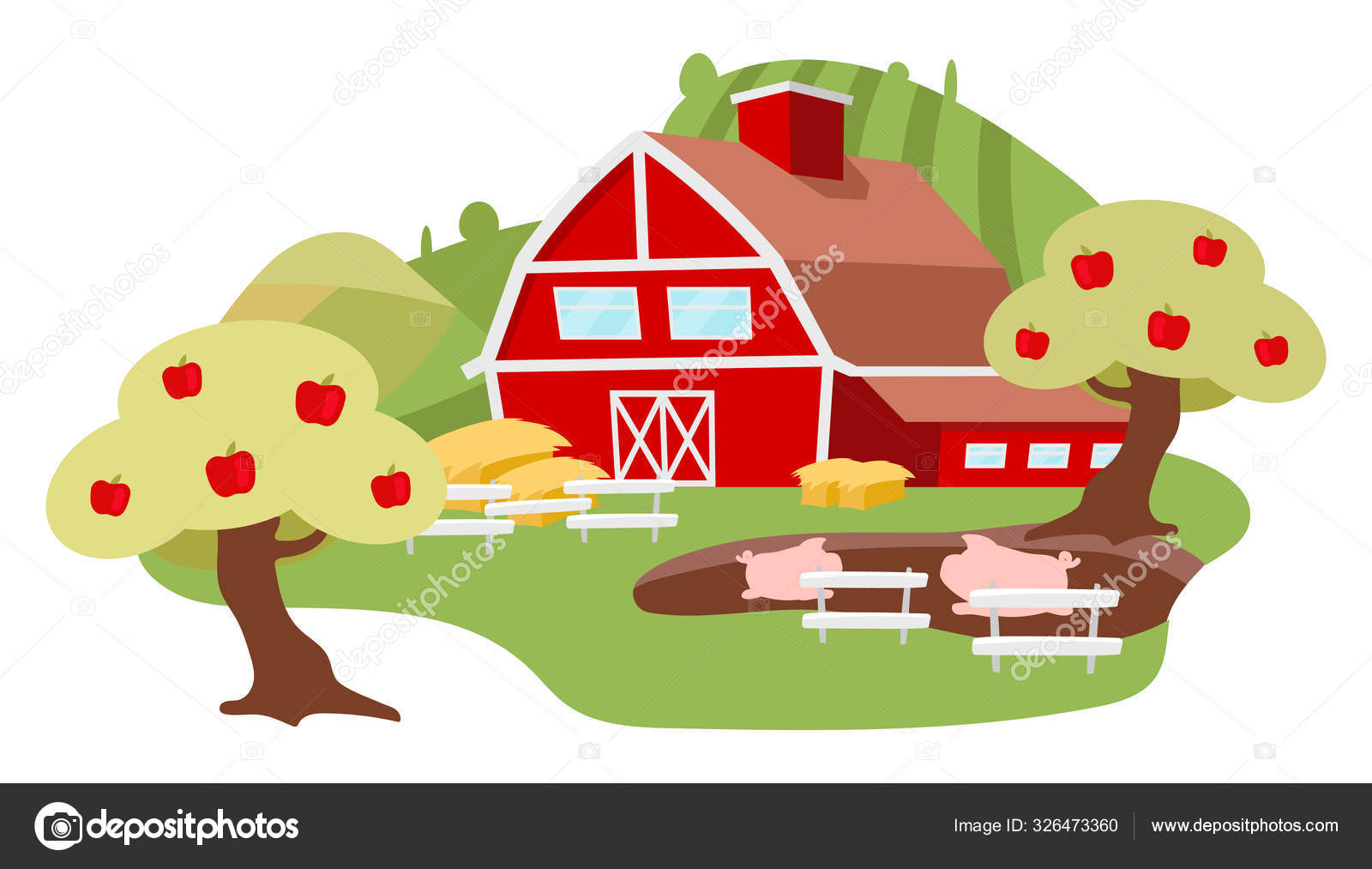 Campo fazenda quintal ilustração plana. Criação de gado conceito cartoon  isolado no fundo branco. Maçãs, porcos perto do celeiro. Agricultura e  agricultura biológica. Aldeia, fazenda rural, fazenda Vetor de ©IMG visuals  characters, image size:1600x1013