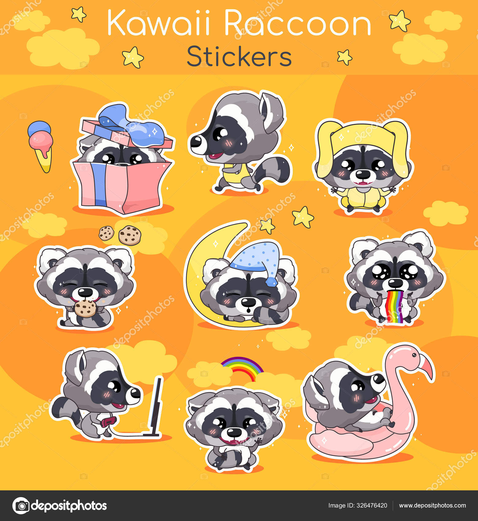 Cute raccoon kawaii cartoon vector characters set. Adorable and funny  smiling animal isolated stickers, patches pack. Anime baby raccoon  sleeping, eating cookies, running emojis on orange background Stock Vector  by ©TheImg 326476420