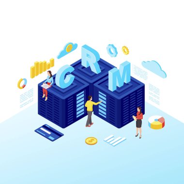 Crm sunucuları izometrik vektör çizimi. Müşteri ilişkileri yönetim yazılımı, Saas 3 boyutlu kavram izole etti. Müşteri veritabanı ve sunucularla çalışan yöneticiler. Pazarlama otomasyon aracı
