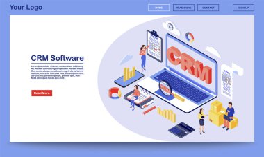 Crm yazılım izometrik iniş sayfası şablonu. Çalışma süreci, iş akışı organizasyonu ve optimizasyon hizmeti web sitesi arayüzü. Müşteri ilişkileri yönetim sistemi 3 boyutlu kavram