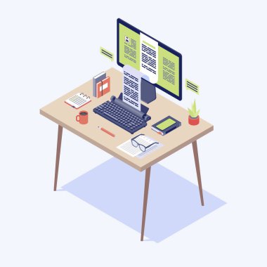 Kopyacı işyeri izometrik illüstrasyon. İçerik yazarı, gazeteci, editör çalışma alanı. Metin yazarlığı, hikaye anlatma konsepti. Mavi arkaplanda bilgisayar ve daktiloyla izole edilmiş 3d Clipart tablosu