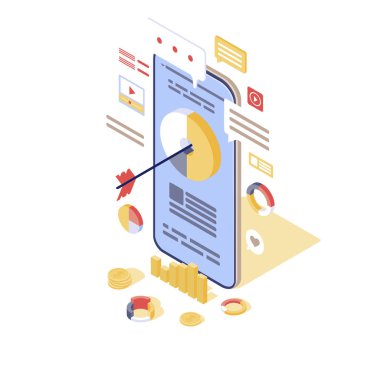 Hedef tanıtım izometrik vektör çizimi. Yaklaşan dijital pazarlama 3D konsepti. Smm, medya reklamcılığı. Müşteri çekimi ve lider üretim stratejisi Mobil pazarlama içeriği, reklamlar