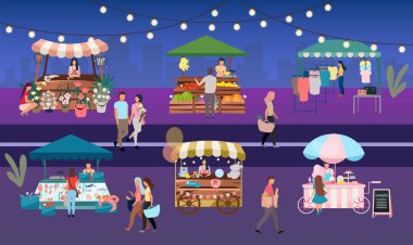 Gece panayırı düz vektör çizimi. Açık market tezgahları, satıcılar ve alıcılarla yazlık ticaret çadırları. Çiçekler, çiftçiler, yiyecek ve ürünler, giyecek şehir büfeleri. İnsanlar yerel kentsel dükkanlarda yürüyor