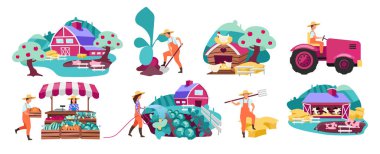 Çiftlik düz vektör çizimleri ayarlandı. Bahçecilik ve sebze yetiştirme. Çiftçi pazarı konsept üretir. Sığırlar, çiftlik hayvanları ve kümes hayvanları. Tarım çiftliği. Kırsal, köy tarım arazisi