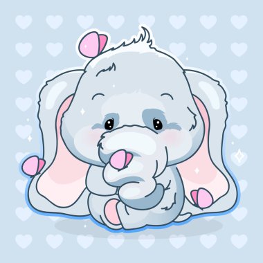 Şirin fil kawaii çizgi film vektör karakteri. Kelebekleri olan sevimli ve komik bir hayvan. Yapıştırma, yama, çocuk baskısı. Mavi arka planda anime bebek fil emojisi