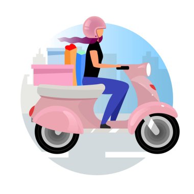 Teslimat servisi düz konsept vektör simgesi. Ekspres scooter kuryesi sipariş etiketi teslim ediyor, Clipart. Alım satım ve alışveriş çantasıyla motosiklet süren bir kadın. İzole edilmiş beyaz karikatür çizimi