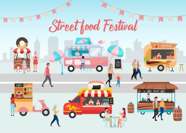 Sokak yiyecekleri festivali poster şablonu. Fast food festivali. Broşür, kapak, düz resimli broşür sayfası tasarımı. Yemek satışı. Reklam broşürü, broşür, afiş tasarımı fikri