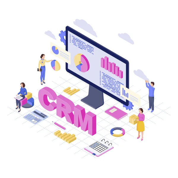 CRM software, platform isometric vector illustration. Client data analytics and storage. Customer relationship management service 3d concept. Business automation Sales, marketing statistics analysts — Stock Vector