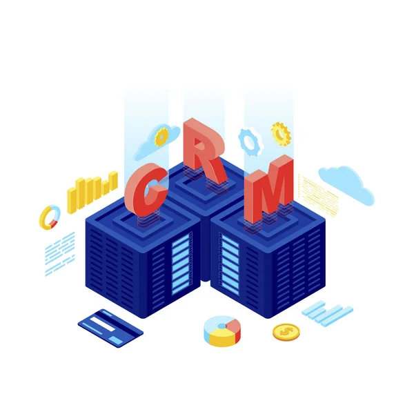 Система CRM ізометрична Векторна ілюстрація. Програмне забезпечення для управління відносинами з клієнтами. CRM сервер, база даних Saas. Зберігання та аналітика даних клієнта. Статистика електронної комерції, концепція автоматизації маркетингу 3d — стоковий вектор