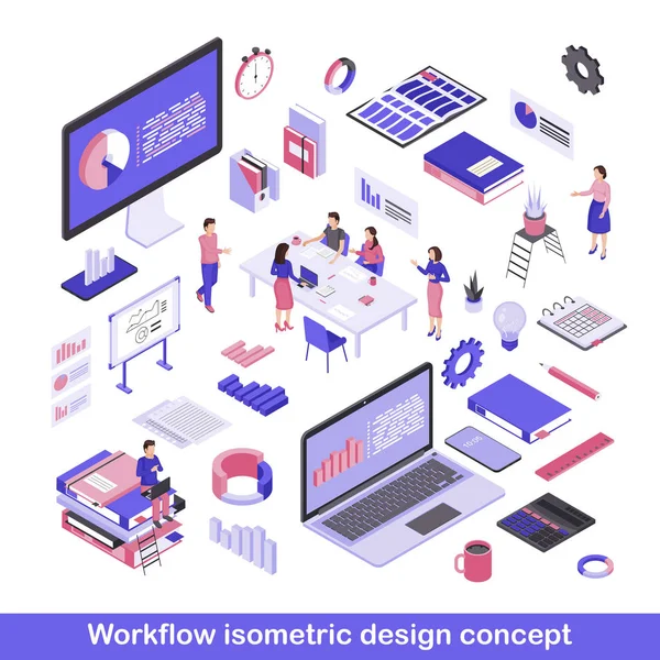 Conjunto de ilustrações vetoriais isométricas de fluxo de trabalho. Organização do processo de trabalho, local de trabalho, itens do espaço de trabalho. Infográficos, análise de dados e estatísticas, elementos 3D de negócios. Ferramentas fixas de escritório —  Vetores de Stock