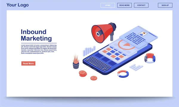 Inkomende marketing landing page template. Media reclame website interface met platte illustraties. Smm, mobiele marketing content homepage lay-out. Klantattractie webbanner, webpagina concept — Stockvector