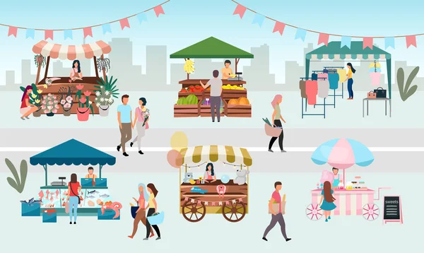 Street Fair ilustração vetorial plana. Barracas de mercado ao ar livre, tendas de comércio de verão com vendedores e compradores. Flores, agricultores alimentos e produtos, quiosques de roupas da cidade. Conceito de desenhos animados de lojas urbanas locais —  Vetores de Stock