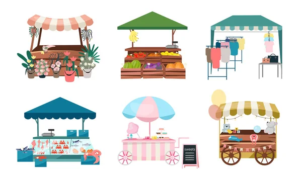 Market stalls flat vector illustrations set. Fair, funfair trade tents, outdoor kiosks and carts. Street shopping places cartoon concepts. Summer market counters for flowers, vegetables, clothes goods — Stock Vector