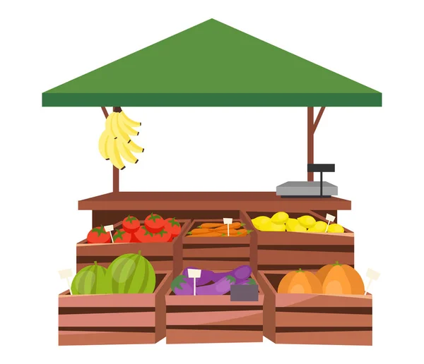 Ilustrasi kios pasar buah dan sayuran. Produk pertanian, eco dan tenda perdagangan makanan organik, berlawanan dengan peti kayu. Pasar musim panas yang adil. Toko kelontong jalanan lokal, kios - Stok Vektor