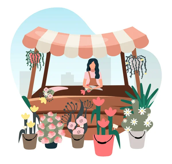 Flowers market stall with seller flat illustration. Street local store vendor selling houseplants, bouquets. Florist cartoon character. Shopping booth, wooden shopping counter with striped awning — Stock Vector