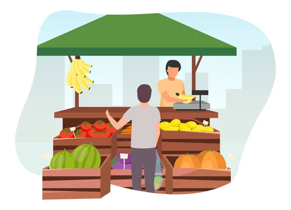 Φρούτα και λαχανικά πάγκο της αγοράς με πωλητή επίπεδη απεικόνιση. Ο άνθρωπος αγοράζει αγροτικά προϊόντα, οικολογικά και βιολογικά τρόφιμα στο εμπορικό σκηνή με ξύλινα κιβώτια. Καλοκαιρινό περίπτερο, παντοπωλείο υπαίθριο κατάστημα δρόμο — Διανυσματικό Αρχείο