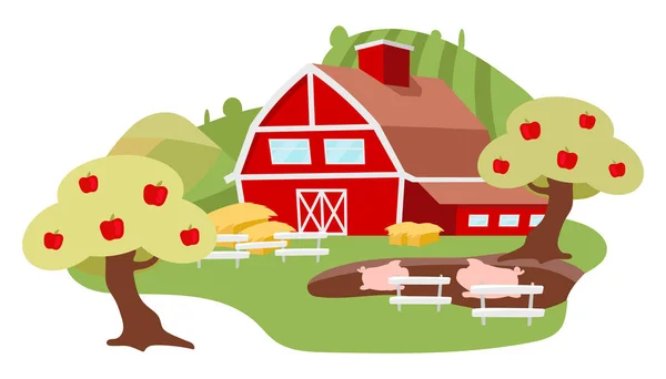 Countryside farm yard flat illustration. Livestock farming cartoon concept isolated on white background. Apple trees, pigs near barn. Agriculture and organic farming. Village, rural farmland, ranch — Stock Vector