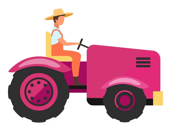 Landmaschinen flache Vektordarstellung. Landarbeiter, der in der Landwirtschaft Mini-Traktor-Cartoonfigur fährt. Ernte- und Anbaufahrzeug. Landmaschinen. Landwirt, Traktorfahrer — Stockvektor