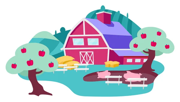 Countryside farm backyard flat vector illustration. Village farmhouse, apple orchard and pig fence. Livestock farming, agricultural animals. Farmland, rural house and barn, ranch cartoon concept — Stock Vector