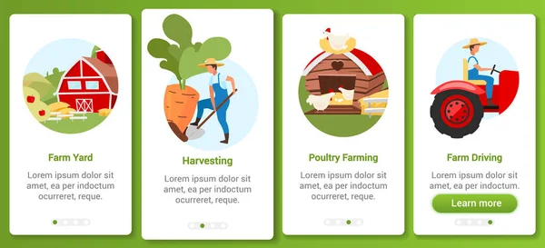 Agricultura y agricultura incorporación aplicación móvil pantalla vector plantilla. Campo, granja avícola, conducción de tractores. Walkthrough sitio web con personajes planos. UX, interfaz de usuario, interfaz de dibujos animados del teléfono inteligente GUI — Vector de stock