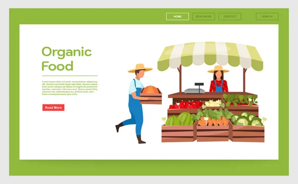 Modello vettoriale di pagina di destinazione del cibo biologico. Contadini mercato bancarella idea interfaccia sito web con illustrazioni piatte. Estate negozio di verdure all'aperto homepage layout. Banner Web, concetto di cartone animato per pagine web — Vettoriale Stock