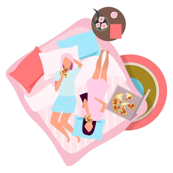 Novia comiendo pizza ilustración vector plano. Las mejores amigas en pijama en la cama personajes de dibujos animados. Fiesta de pijamas, concepto de fiesta de pijamas. Chicas jóvenes, mujeres en ropa de dormir pasar tiempo juntos — Vector de stock