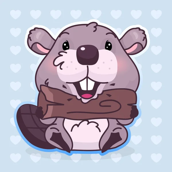 Bonito castor kawaii personagem vector cartoon. Adorável, feliz e engraçado animal mordendo madeira log adesivo isolado, patch. Anime menino castor comendo árvore ramo emoji no fundo azul — Vetor de Stock