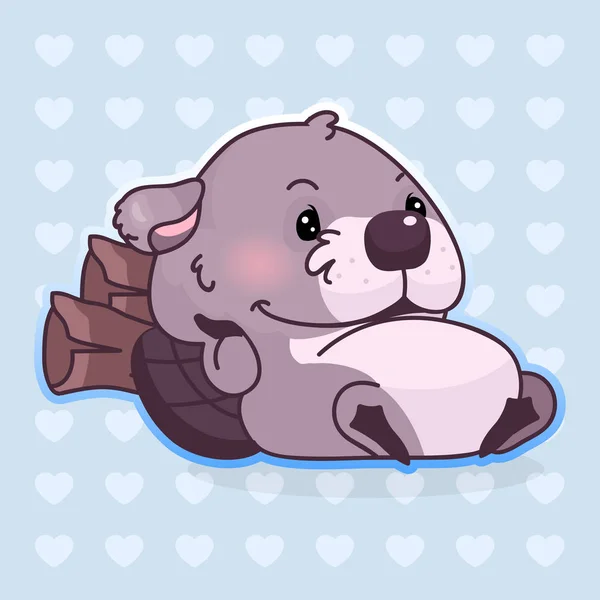 Aranyos hód Kawaii rajzfilm vektor karakter. Imádnivaló, boldog és vicces állat pihen fa rönk elszigetelt matrica, patch. Anime lusta kisfiú hód emoji kék háttér — Stock Vector