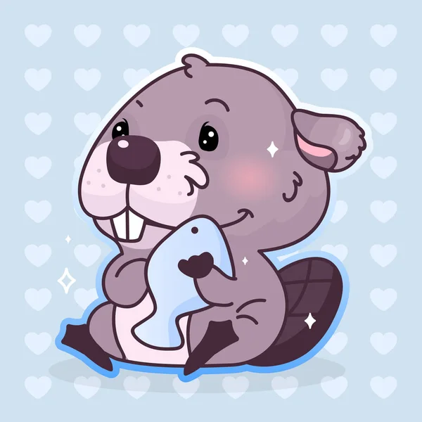 Bonito castor kawaii personagem vector cartoon. Adorável, feliz e engraçado animal abraçando peixe adesivo isolado, patch. Anime satisfeito bebê menino castor com alimentos emoji no fundo azul — Vetor de Stock
