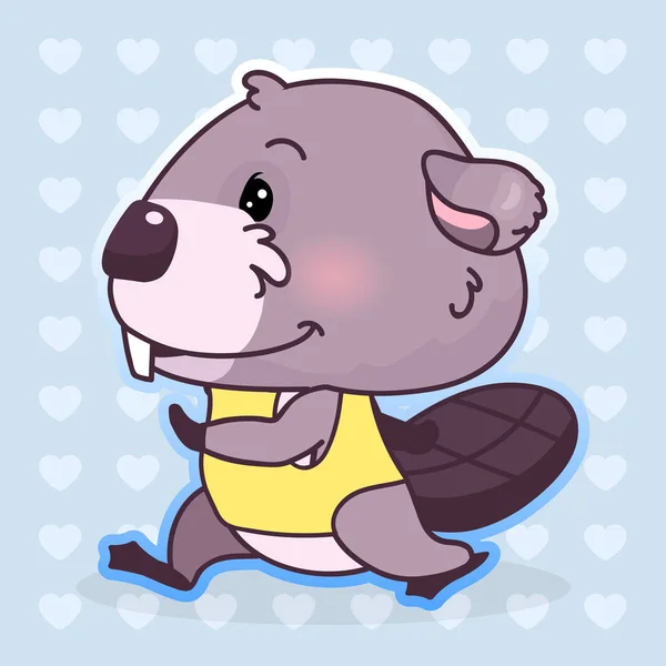 Mignon castor kawaii personnage vecteur de dessin animé. Adorable, joyeux et drôle de course d'animaux, faire des sports autocollant isolé, patch. Anime bébé garçon castor en sportswear emoji sur fond bleu — Image vectorielle