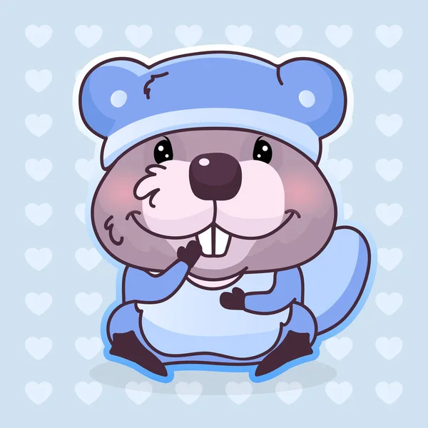 Aranyos hód Kawaii rajzfilm vektor karakter. Imádnivaló, boldog és vicces állat pizsamában, hálóingben, elszigetelt matricával, tapasszal. Anime kisfiú hód emoji kék háttér — Stock Vector