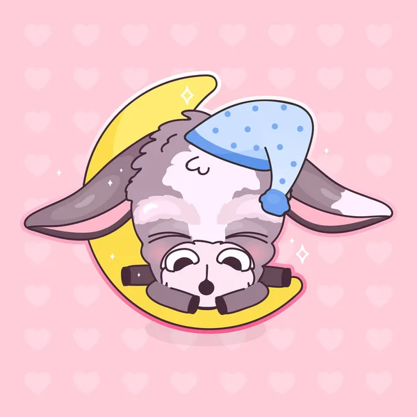 Симпатичный спящий осел-вектор кавайи. Очаровательное и смешное спящее животное в ночной кепке изолированная наклейка, пластырь. Пора спать, пора спать. Анимационный детский мул, бурро эмодзи на розовом фоне — стоковый вектор