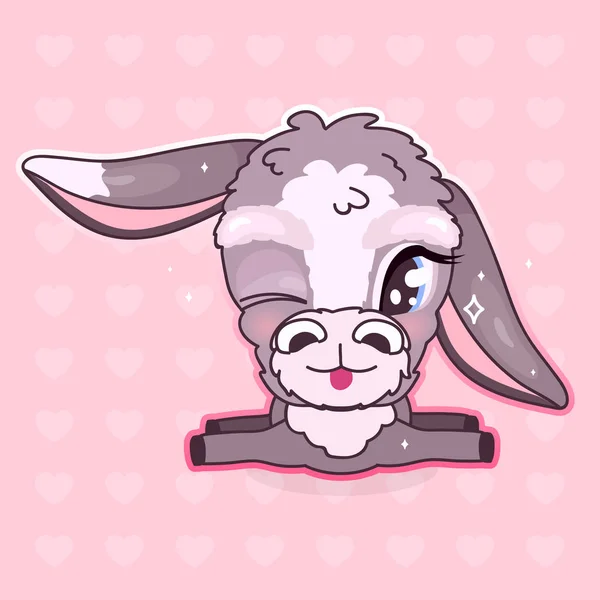 Cute donkey kawaii cartoon vector character. Adorable and funny, happy animal winking isolated sticker, patch, girlish illustration. Anime baby girl cool mule, burro emoji on pink background — Stock Vector