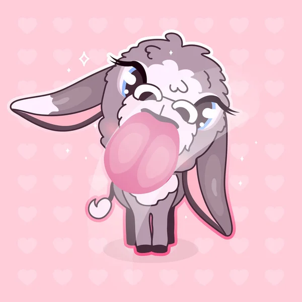 Bonito burro kawaii personagem vector cartoon. Adorável e engraçado animal lambendo com língua grande isolado adesivo legal, patch. Anime bebê menina mula, burro emoji no fundo rosa — Vetor de Stock