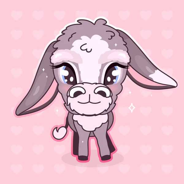 Mignon âne kawaii personnage vecteur de dessin animé. Adorable et drôle cool animal isolé autocollant, patch, illustration girlish. Anime bébé fille mule triste, emoji burro sur fond rose — Image vectorielle