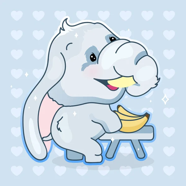 Lindo elefante kawaii personaje vector de dibujos animados. Adorable y divertido, animal feliz comer plátanos etiqueta aislada, parche. Anime bebé niño elefante emoji sobre fondo azul — Archivo Imágenes Vectoriales
