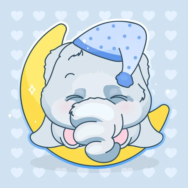 Mignon éléphant kawaii personnage vecteur de dessin animé. Adorable et drôle animal dormant sur la lune autocollant isolé, patch. Au lit, la nuit. Anime bébé garçon éléphant emoji sur fond bleu — Image vectorielle