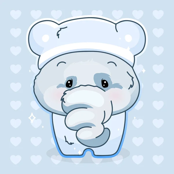 Mignon éléphant kawaii personnage vecteur de dessin animé. Adorable et drôle animal en pyjama autocollant isolé, patch. Anime bébé garçon éléphant portant des vêtements de nuit, robe de nuit emoji sur fond bleu — Image vectorielle