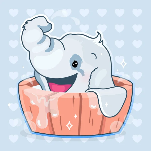 Lindo elefante kawaii personaje vector de dibujos animados. Adorable y divertido baño de animales en bañera de madera etiqueta aislada, parche. Anime feliz bebé elefante emoji sobre fondo azul — Archivo Imágenes Vectoriales