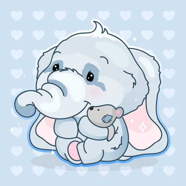 Bonito elefante kawaii personagem vector cartoon. Adorável e engraçado animal abraço pelúcia brinquedo macio isolado adesivo, patch. Anime bebê menino elefante emoji no fundo azul — Vetor de Stock