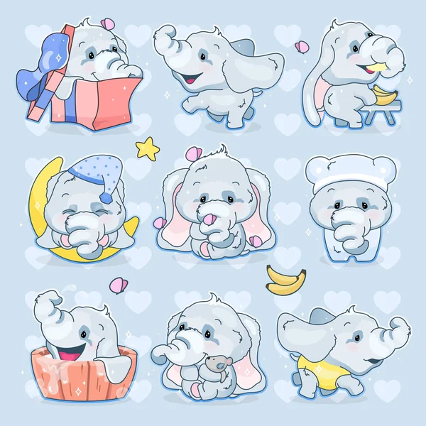 Éléphants mignons kawaii personnages vectoriels de dessin animé ensemble. Adorable et drôle animaux différentes poses et émotions autocollant isolé, patch. Anime bébé garçon éléphants emoji sur fond bleu — Image vectorielle