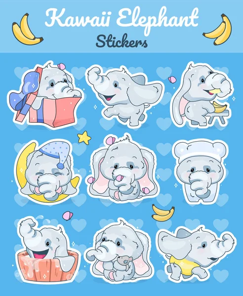 Lindos elefantes kawaii personajes de dibujos animados vector conjunto. Adorable y divertido animal diferentes poses y emociones aisladas etiqueta engomada, parche. Anime bebé elefantes emoji sobre fondo azul — Vector de stock